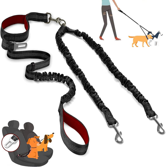 Dual Dog Leash, Double Leash for 2 Dogs Tangle Free Two Dogs Leash 360° Swivel No Tangle Bungee Reflective Double Leash for Medium Large Dogs Walking Training (Black+Red)